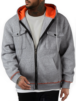 Men's Autumn Fleece Zipper Long Sleeve Cargo Pockets Cardigan Hoodie