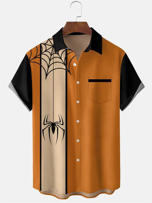 Black Spider and Web Print Men's Leisure Striped Shirt