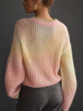 Women' s Color Block Ombre Fuzzy Mohair V Neck Scalloped Button Cardigan