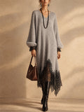 Women Fuzzy Knit Lace Trim V Neck Long Sleeve Midi Sweater Dress