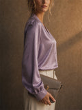 Womens Purple Satin V Neck Button Down Leopard Print Blouses