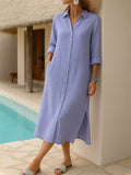 Women's Elegant Solid Color Lapel Button Up Long Sleeve Shirt Dress
