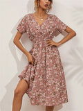 Women's Summer Holiday Style Floral Printed V Neck Midi Dress
