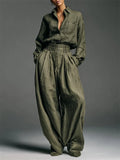 Women's Vintage Casual Green Loose Fit Shirt and High Waist Wide Leg Pants Set