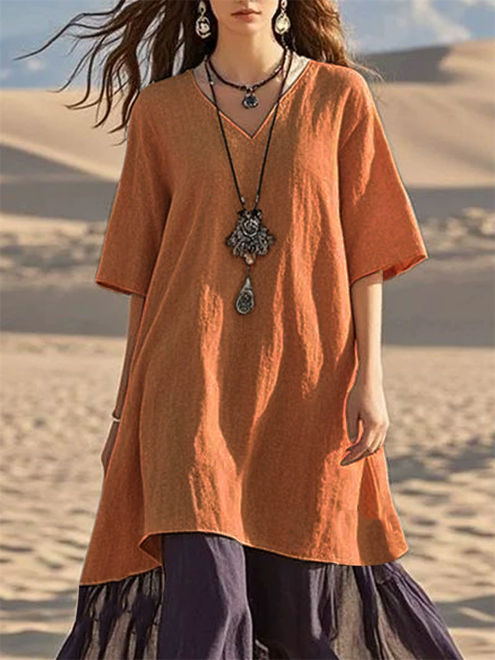 Women's Elegant Casual Contrast Color Half Sleeve V Neck Dress