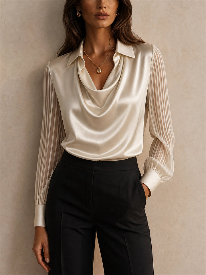 Womens Satin Cowl Neck Sheer Striped Sleeve Blouse