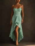Womens Sexy Ruched Ruffle Bodycon High Low Slit Maxi Dress