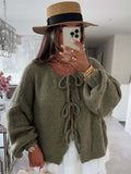 Women's Solid Color Round Neck Lace Up Cardigan Sweater