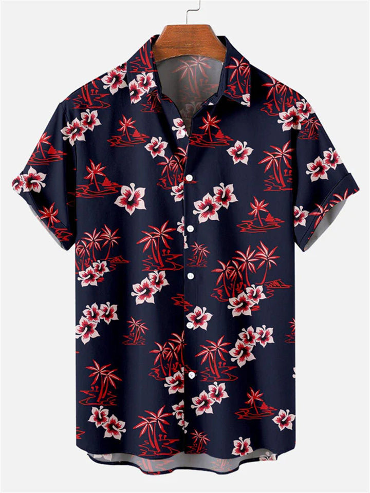 Men's Vintage Ethnic Style Floral Print Button Up Holiday Short Sleeve Shirt