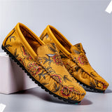 Male's Trendy Faux Leather Roses Printed Flats Moccasin Shoes