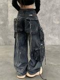 Women's Streetwear Distressed Ripped Cargo Denim Pants with Pockets