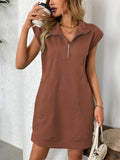 Women's Summer Solid Color Pockets Lapel Zip Above Knee Length Dress
