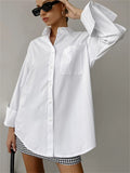 Women's Simple White Loose Fit Cotton Blend Blouses Casual Office Top