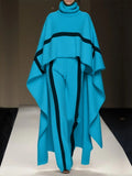 Women's Elegant Turtleneck Raglan Sleeves Color Block Cape and Pants Set