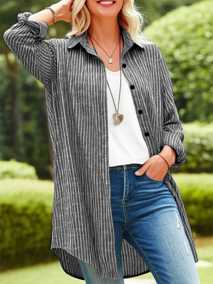 Women's Simple Striped Lapel Long Sleeve Blouses