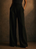 Women Casual Office High Waist Wide Leg Pleated Elegant Trousers