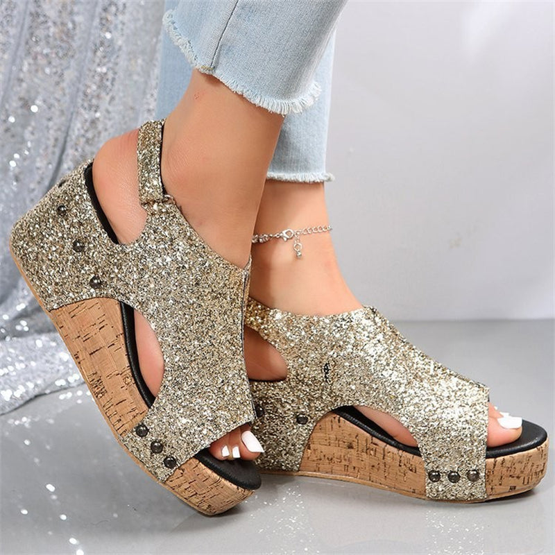 Female Modern Sequin Open Toe Wedge Heel Sandals