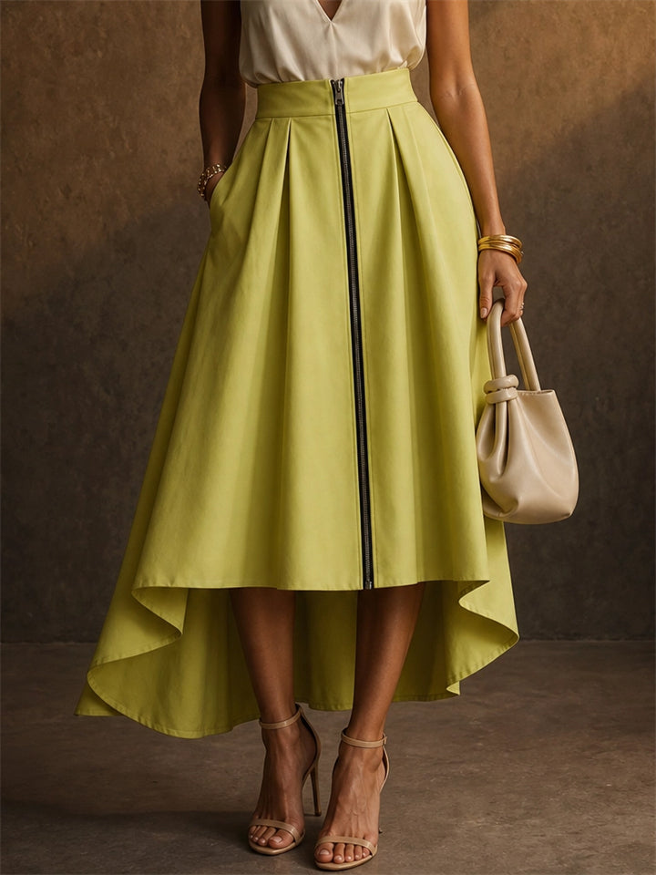 Women High Low Pleated Zipper Front Pockets Midi Skirts
