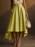 Women High Low Pleated Zipper Front Pockets Midi Skirts