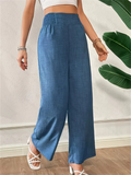 Women's Elegant Blue Solid Color High Rise Elastic Waist Wide Leg Pants