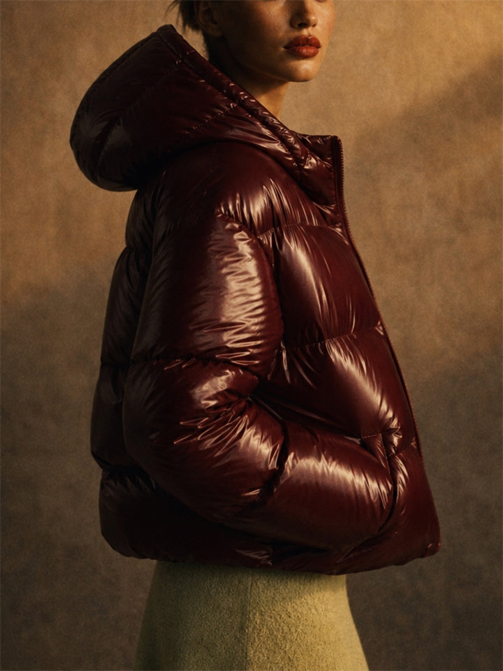 Women Shiny Glossy Winter Hooded Puffer Coats