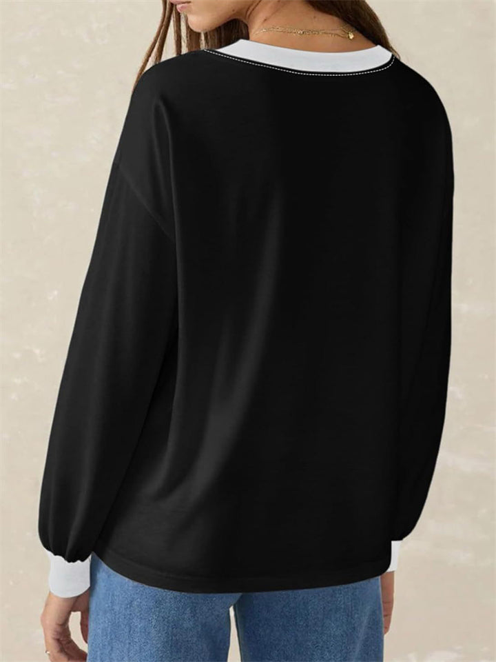 Women's Simple Contrast Trim V Neck Long Sleeve Sweatshirts
