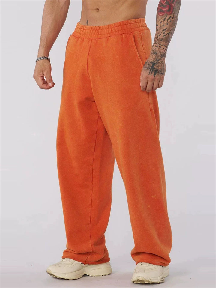 Men's Casual Solid Color Sports Mid Waist Elastic Straight Wide Leg Trousers