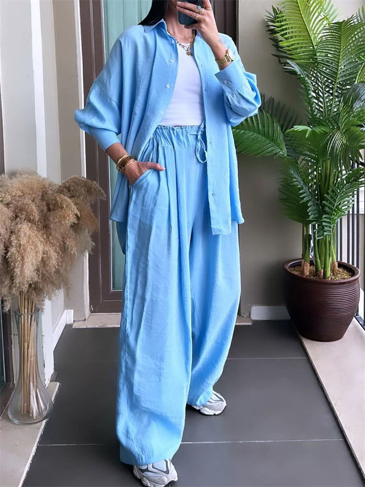 Women's 2Pcs Casual Solid Color Button Up Long Sleeve Shirt & Pants Set