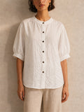 Women Linen Blend Puff Sleeve Button Down Summer Blouse