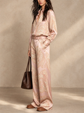 Women Two Piece Paisley Satin Shirt and Wide Leg Pants Outfit