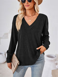 Buttoned Cuffs V-Neck Basic T-Shirts for Ladies