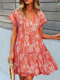 Women's Summer Printed Chiffon V Neck Ruffled Sleeve Dress