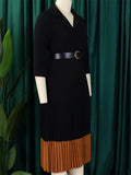 Women's Mid Sleeve Office Lady Style Blazer Collar Pleated Midi Dress With Belt