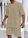 Men's Short Sleeve Round Neck Textured Knit Summer Casual Tracksuit