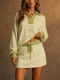 Women Striped Knit 2 Piece Set Polo Top and Mini Skirt