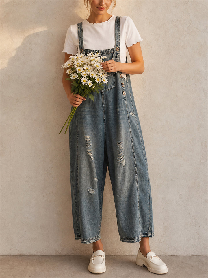 Women Vintage Baggy Wide Leg Distressed Denim Cropped Overalls
