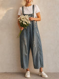 Women Vintage Baggy Wide Leg Distressed Denim Cropped Overalls