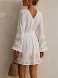 Womens White Boho Sun Print Bell Sleeve Mini Dress with Lace Trim