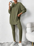 Autumn Casual Ribbed Knit Striped Loose Fit Hoodie and Trousers Set for Women