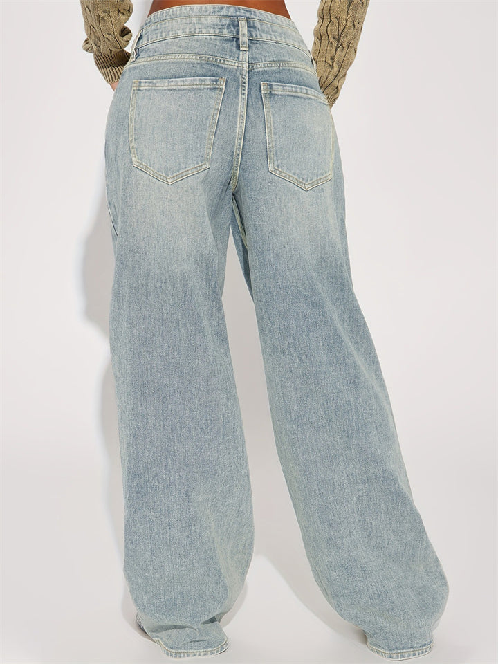 Women's Retro Casual High Rise Straight Leg Denim Pants