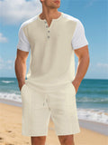 Men's Casual Waffle Contrast Color Comfy Beach Henry Shirt & Shorts Set