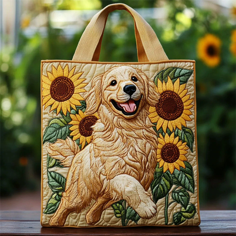 Golden Retriever Dog with Sunflower Pattern Tote Bag