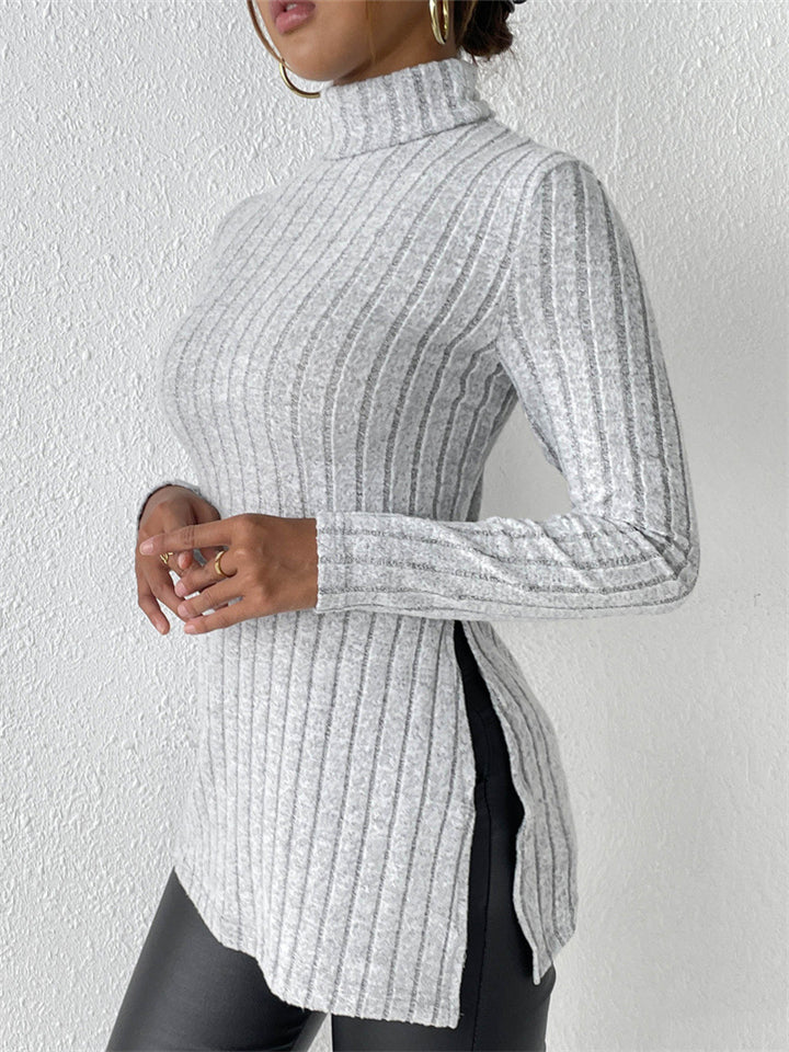 Women's Solid Color Pit Stripe High Neck Slim Fit Split Long-sleeved Sweaters