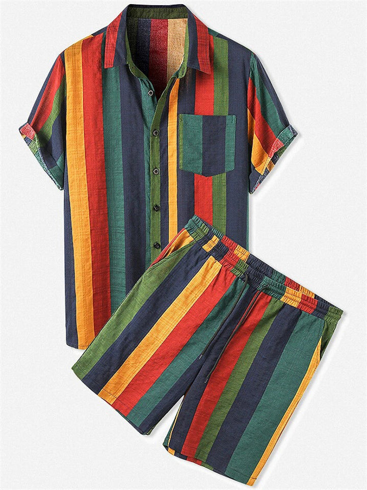 Men's 2Pcs Contrast Color Striped Beach Lapel Short Sleeve &Short Set