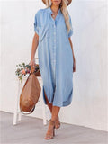 Women's Casual Mid-Length Split Short Sleeve Denim Dress