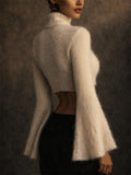 Women Fuzzy Turtleneck Wide Bell Sleeve Crop Sweater