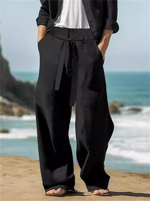 Men's Solid Color Linen Tie-Waist Wide Leg Straight Pants