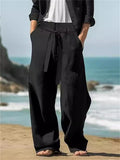 Men's Solid Color Linen Tie-Waist Wide Leg Straight Pants