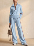Women Stylish Contrast Trim Half Zip Top Wide Leg Pants Two Piece Tracksuit