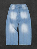 Mens Stylish Baggy Y2K Wide Leg Panelled Light Wash Streetwear Jeans